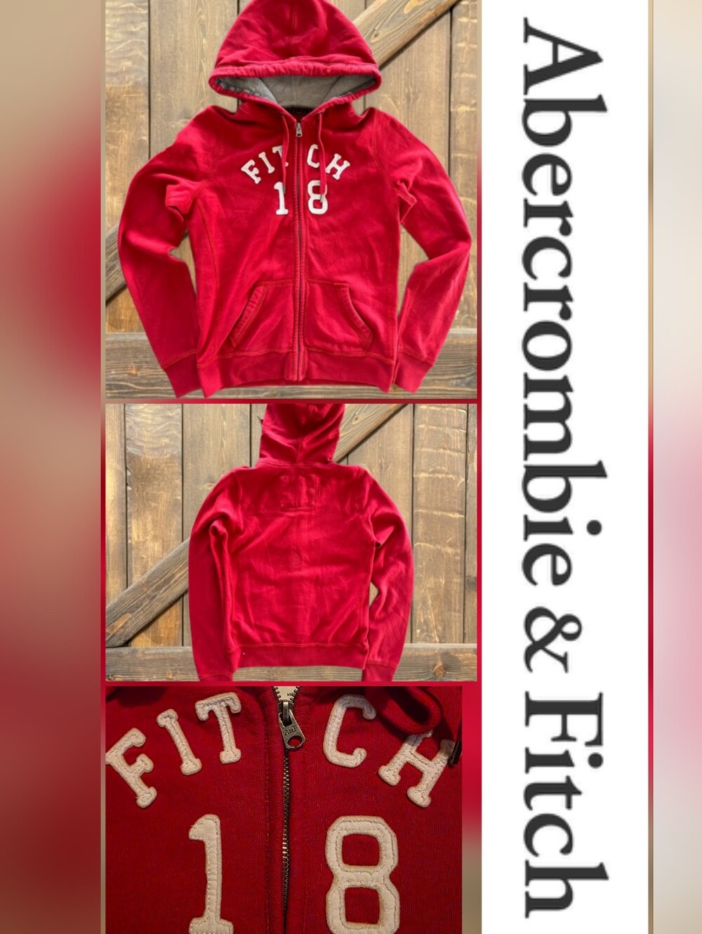 Y2K Abercrombie & Fitch Red Embroidered Zip-Up Hooded Sweatshirt